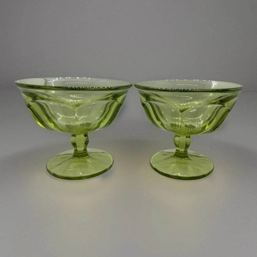 Vintage Pair Green Depression Cup Sherbet Glass Dish Hex Footed Anchor Hocking